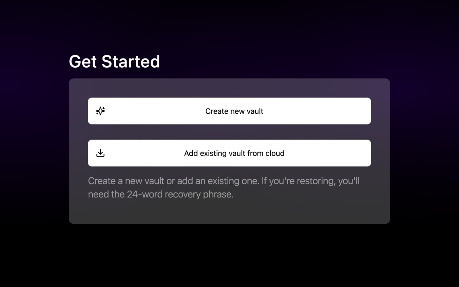 Guard's setup screen with the Create new vault button