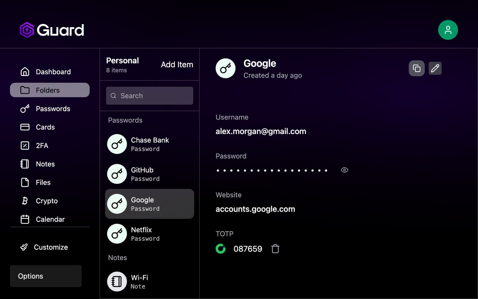 A saved Google login in Guard with its password hidden and a live 2FA code